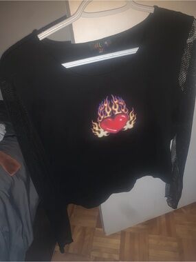 dELiA*s Black Graphic Top with Flaming Heart Detail